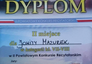 Dyplom za zajęcie II miejsca w II Powiatowym konkursie Recytatorskim "Strofy dla Niepodległej"