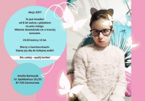 kartka zachęcająca do udziału w akcji pisania kartek urodzinowych dla Amelii Bartoszak